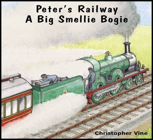 Green steam train with two figures on the tracks, book cover.