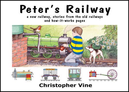 Book cover: boy, dog, and steam train with robin, illustrated style.
