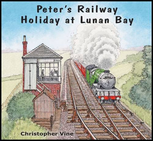 Painted cover of a green steam train at a railway signal box.