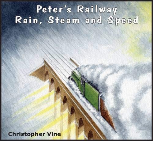 Watercolor painting of a green steam train crossing a stone bridge in rain.