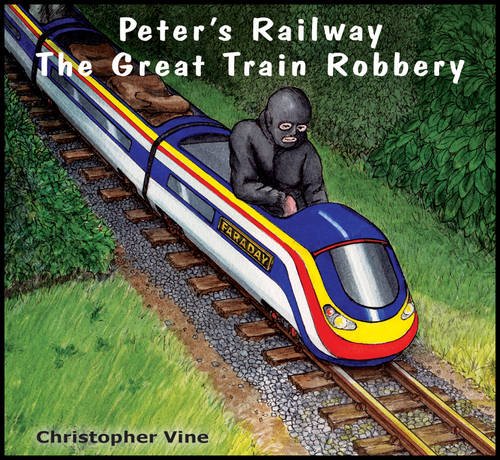 Blue and yellow train with a masked figure, book cover illustration.