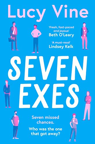 Book cover for “Seven Exes” with illustrated figures in pink and blue.