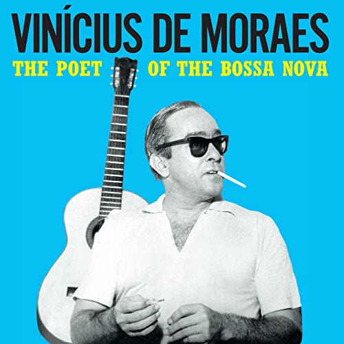 Vinicius de Moraes portrait with guitar, wearing sunglasses and smoking.