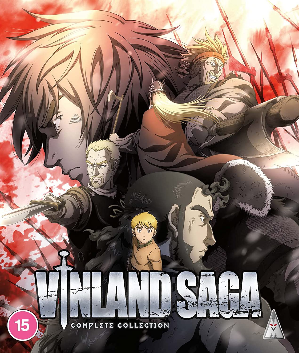 "Vinland Saga Complete Collection Blu-ray cover featuring anime characters in combat with red background."