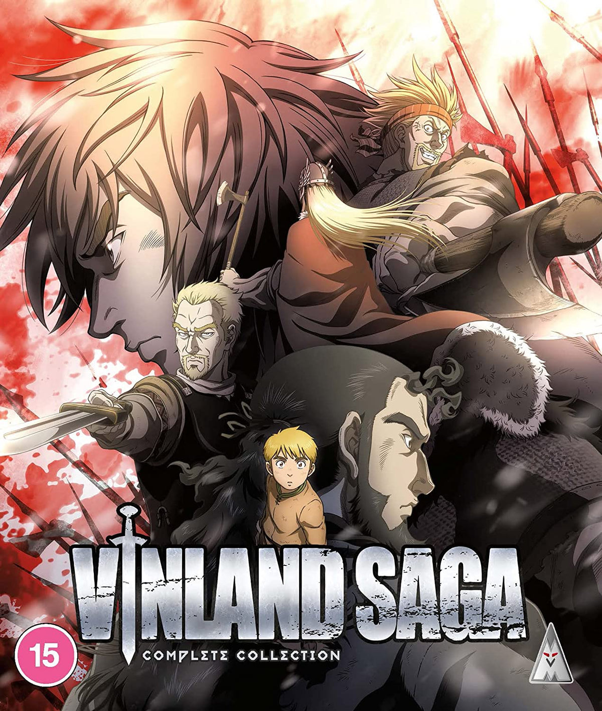 "Vinland Saga Complete Collection Blu-ray cover featuring anime characters in combat with red background."