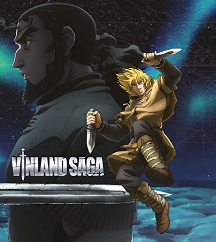 Anime art of a blonde warrior leaping with knives before a large bearded man.