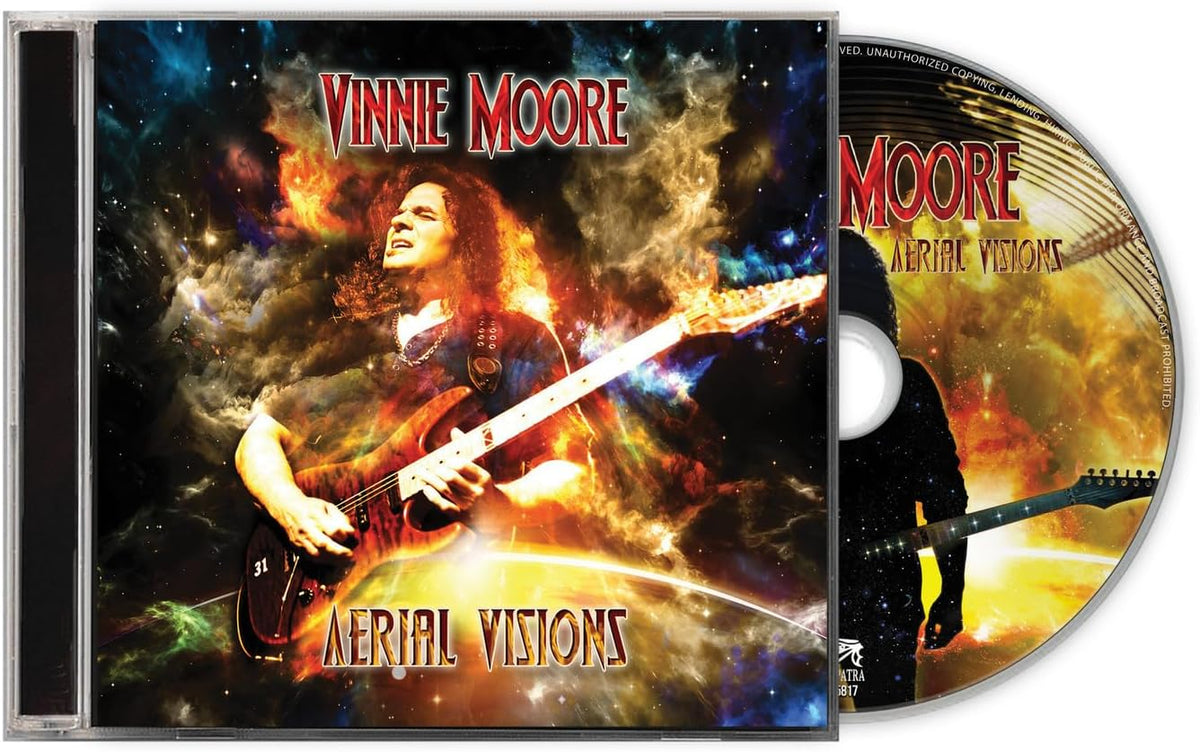CD case for Vinnie Moore’s “Aerial Visions” featuring guitarist and cosmic art.