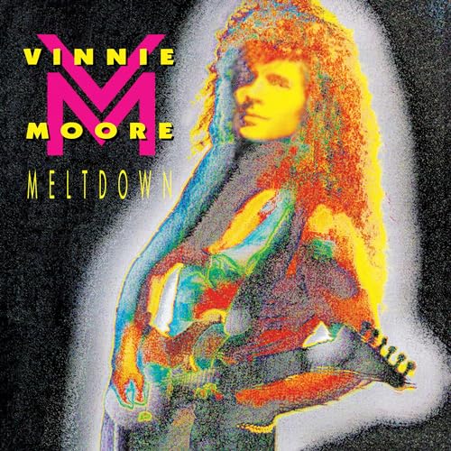Vinnie Moore Meltdown album cover featuring a stylized, colorful portrait of a guitar player.