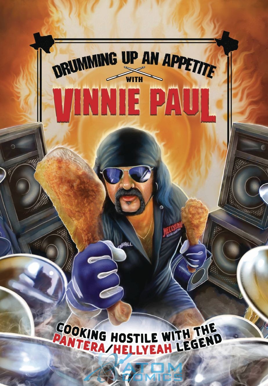 Vinnie Paul portrait with cooking theme, speakers, and flames; comic book cover.