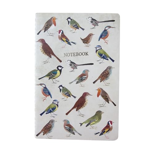 A5 notebook with a cream cover featuring various colorful vintage-style bird illustrations.