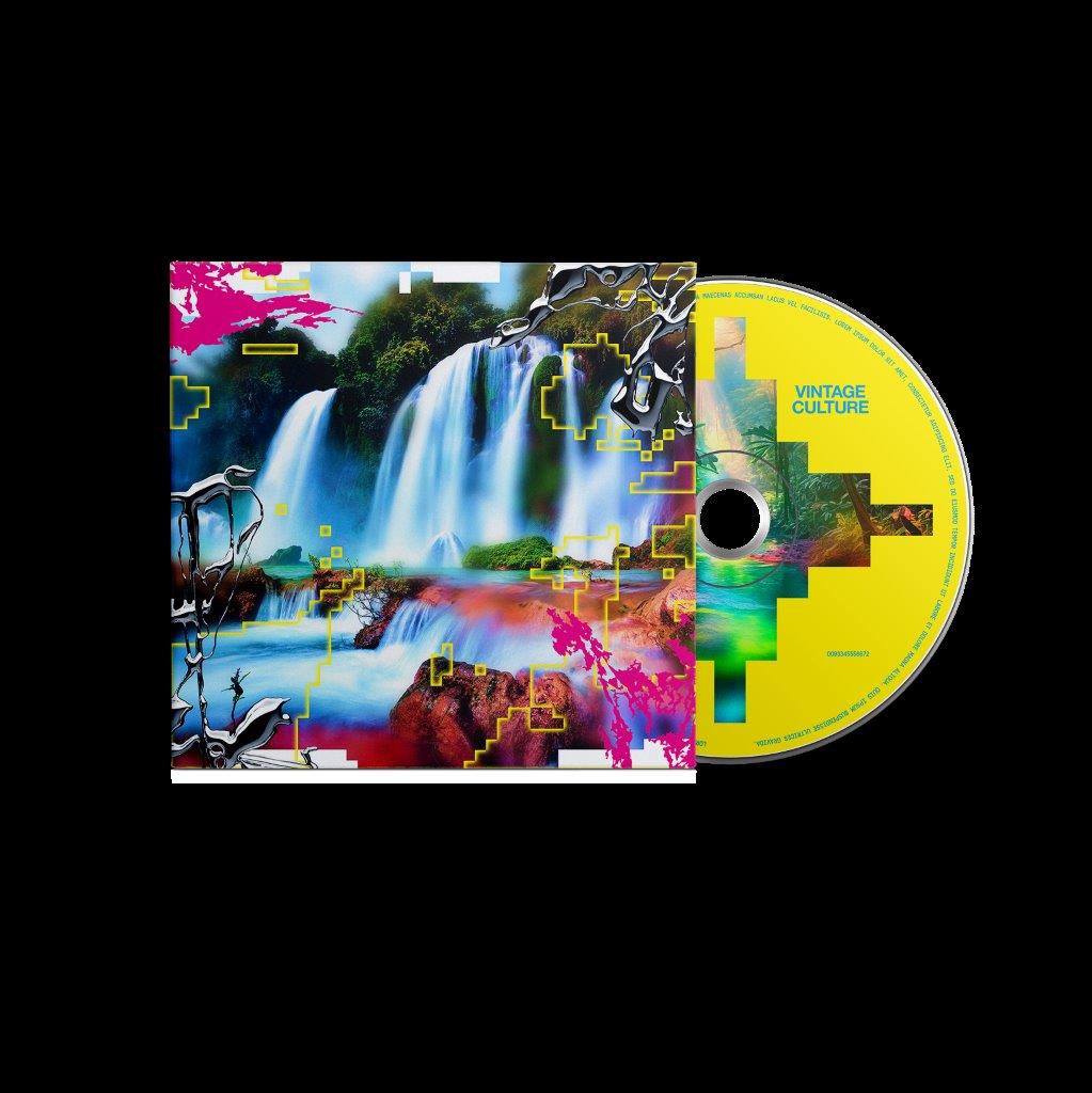 CD case with a waterfall image and pixelated graphics, disc visible.