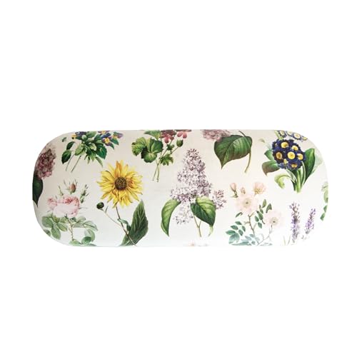 Oval glasses case with a vintage floral print on a cream background.