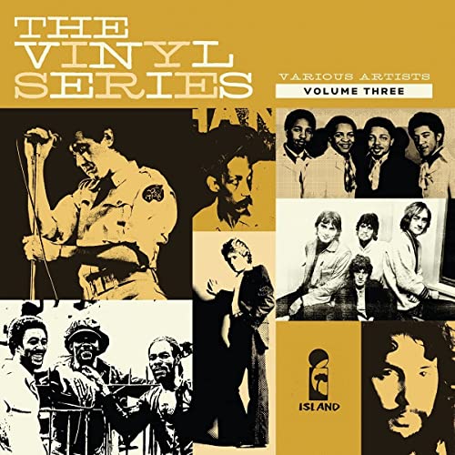 Collage of black and yellow music performers on an album cover titled The Vinyl Series.