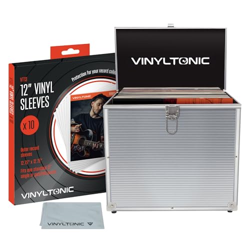 A silver aluminum vinyl record case, a pack of 12-inch sleeves, and a cleaning cloth.