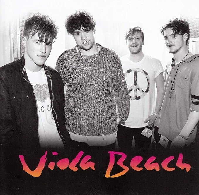Black and white portrait of the band Viola Beach with their name in neon.