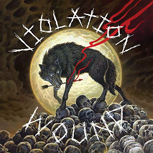 "Album cover with a wolf on skulls, full moon, and red splatter."