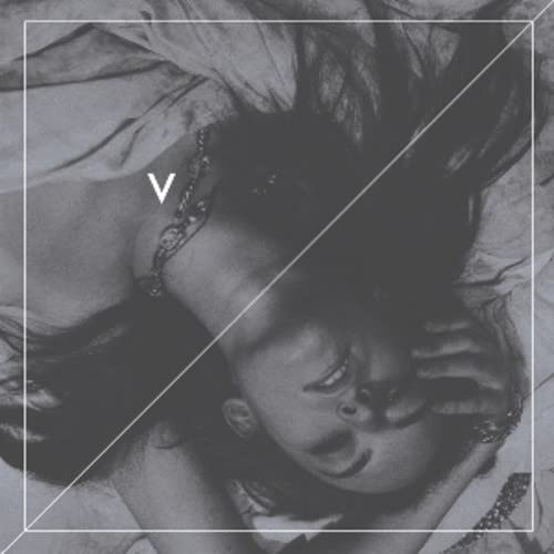 Black and white photo of a person lying down with a letter V overlay.