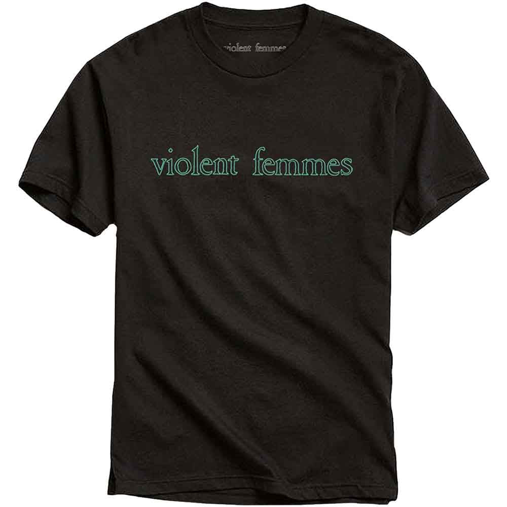 Black t-shirt with green "violent femmes" text on the chest.