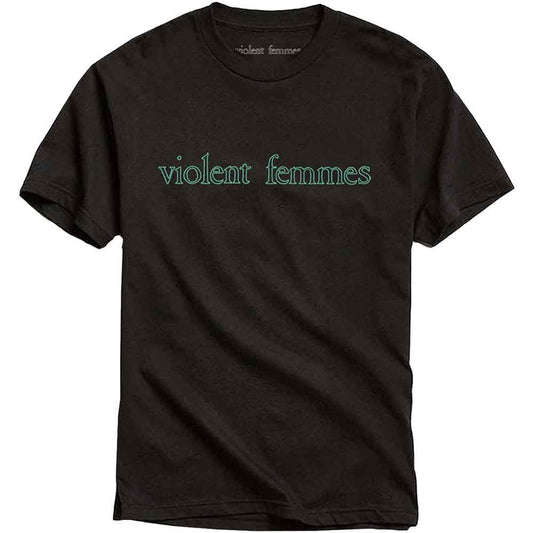Black t-shirt with green "violent femmes" text on the chest.
