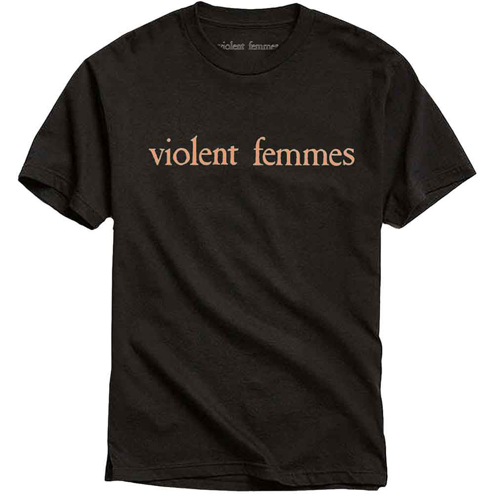 Black t-shirt with "violent femmes" text in beige across the chest.