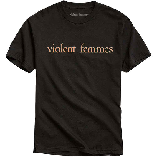 Black t-shirt with "violent femmes" text in beige across the chest.