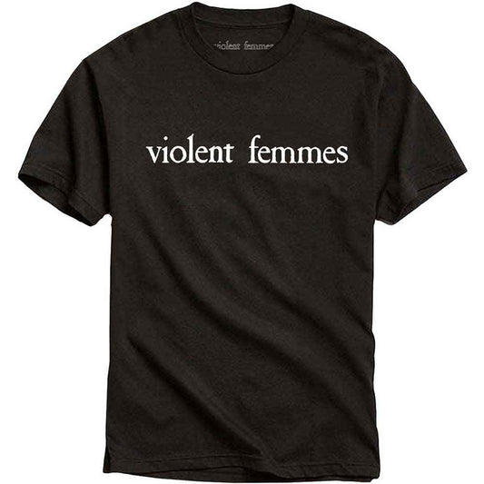 Black t-shirt with white text reading "violent femmes" across the chest.