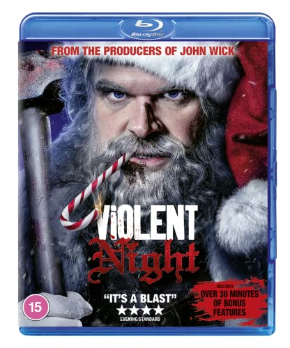 Blu-ray cover for "Violent Night" featuring a stern Santa Claus with a candy cane.