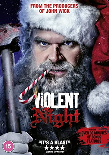 Santa Claus with a stern expression holding a hammer and candy cane.