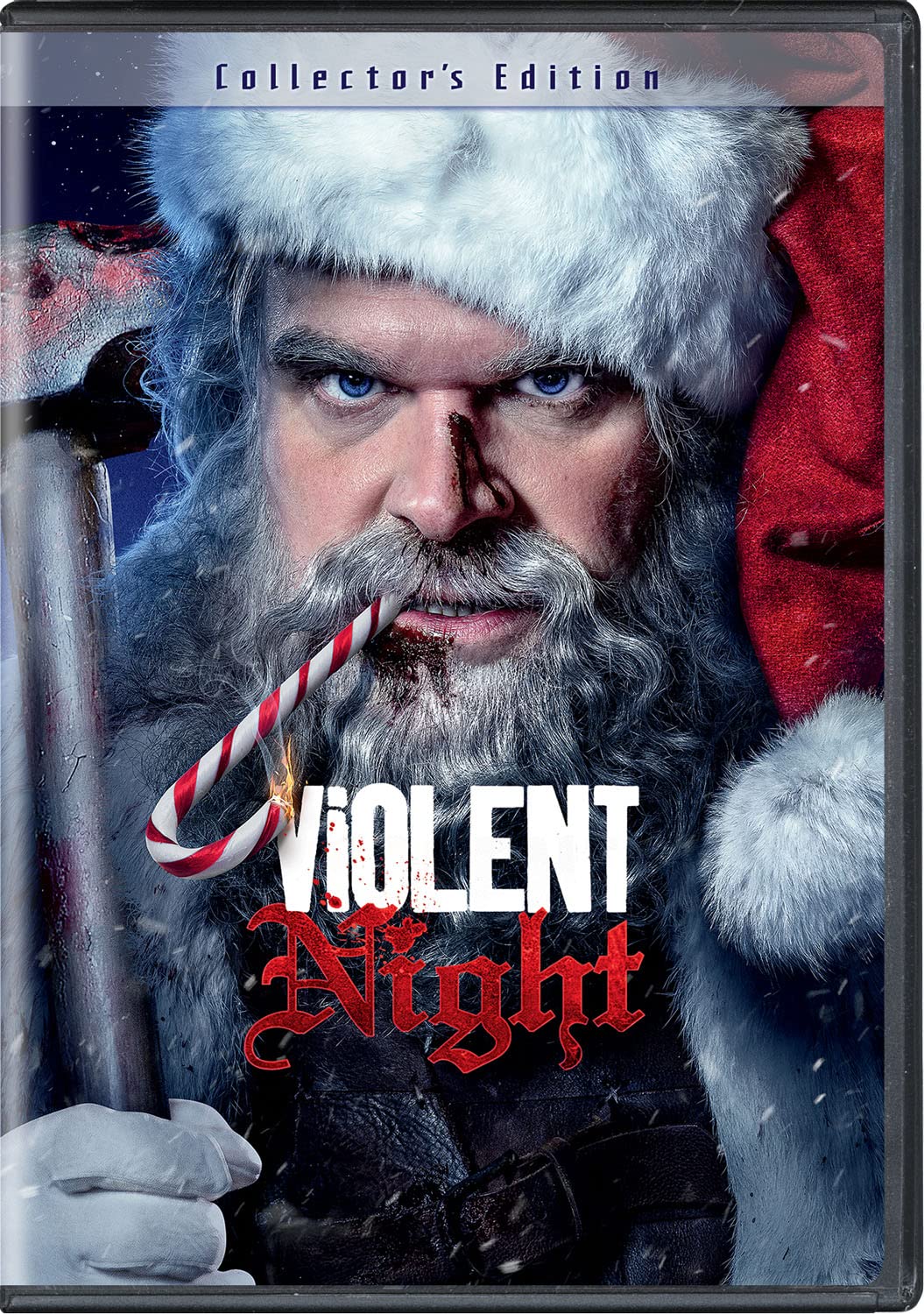 DVD cover for "Violent Night" featuring a bearded man in a Santa hat.