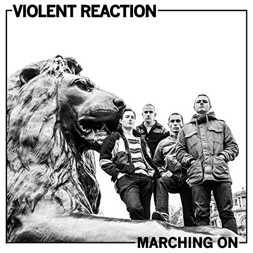 Black and white album cover featuring a band in front of a lion statue.