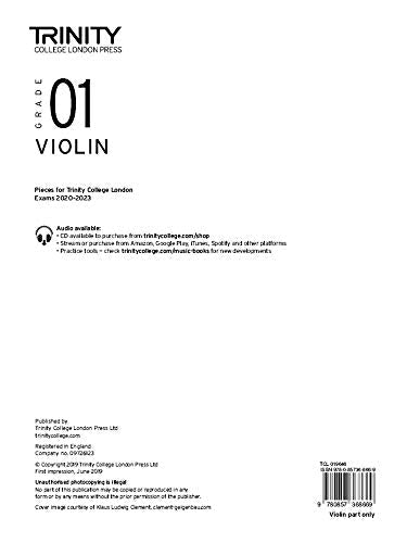 Trinity College London Grade 1 Violin exam music book, black and white cover.