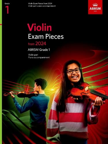 Cover of ABRSM Grade 1 Violin Exam Pieces 2024 book featuring two student violinists.