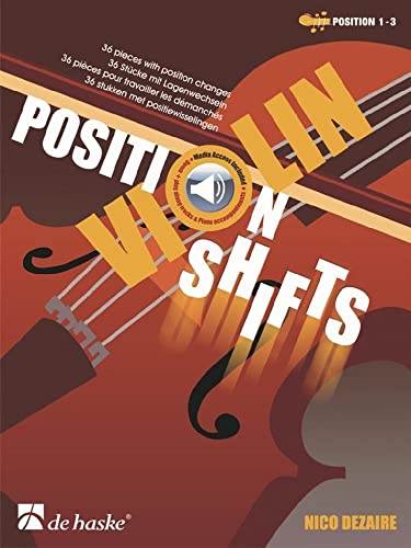 Music book cover titled Violin Position Shifts with a stylized violin graphic background.