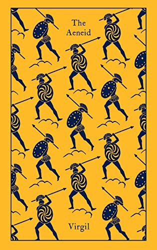 Yellow book cover with repeating black and white warrior pattern, "The Aeneid" title.