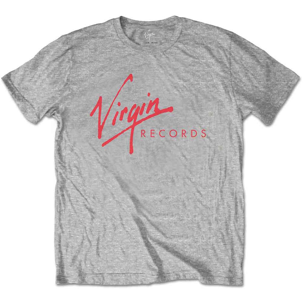 Grey t-shirt with a large red "Virgin Records" script logo centered on chest.