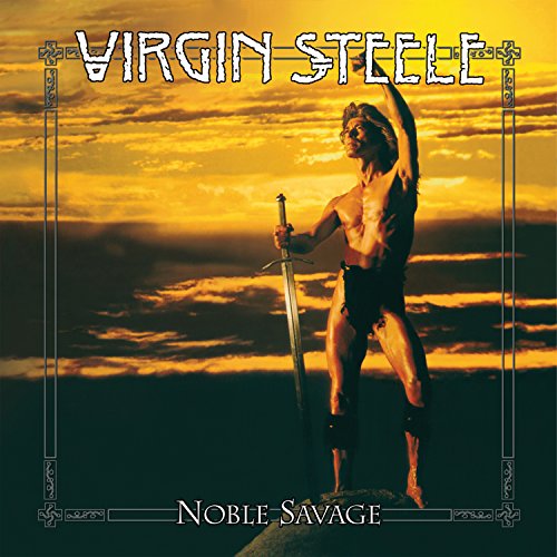 A shirtless man with a sword stands against a golden sunset background.