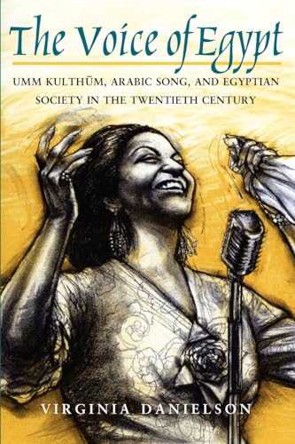 Book cover featuring a sketched portrait of singer Umm Kulthum at a microphone.