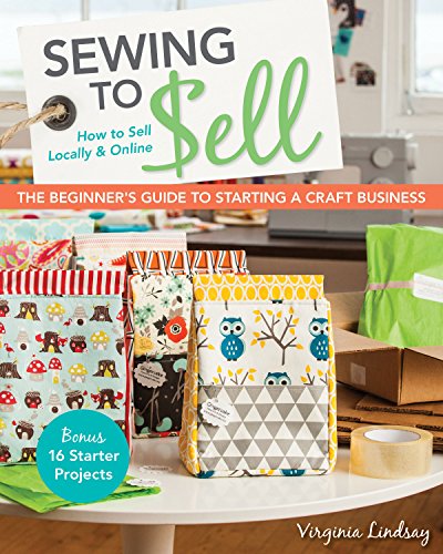 Book cover: "Sewing to Sell" with colorful fabric bags and sewing supplies.