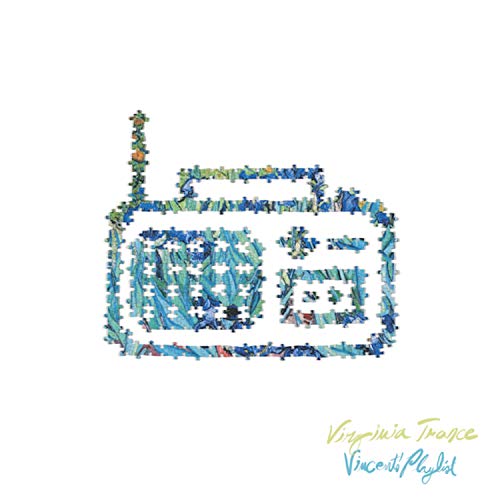 Radio outline made of puzzle pieces with blue and green Van Gogh style art.