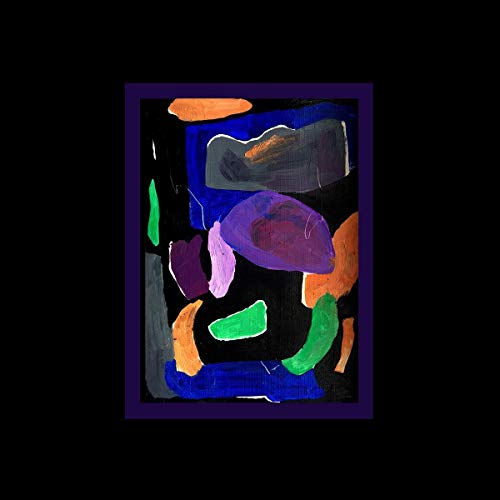 Abstract painting with purple, orange, green, and black shapes on black background.