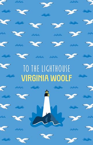Book cover for To The Lighthouse by Virginia Woolf with seagulls on blue background.