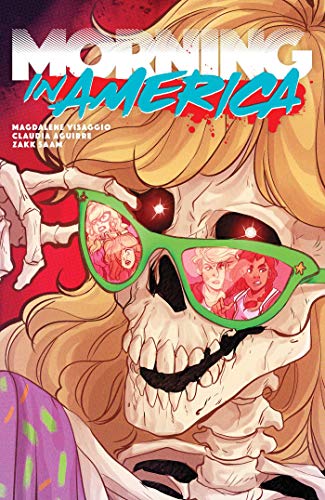 A skeleton with blonde hair wears green sunglasses reflecting images of four young people.