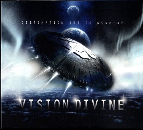 CD cover: spaceship flying toward planets in a cloudy sky.