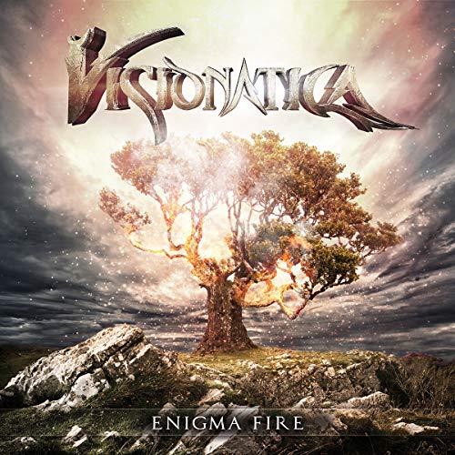 CD cover: fiery tree on a hill under stormy, swirling clouds.