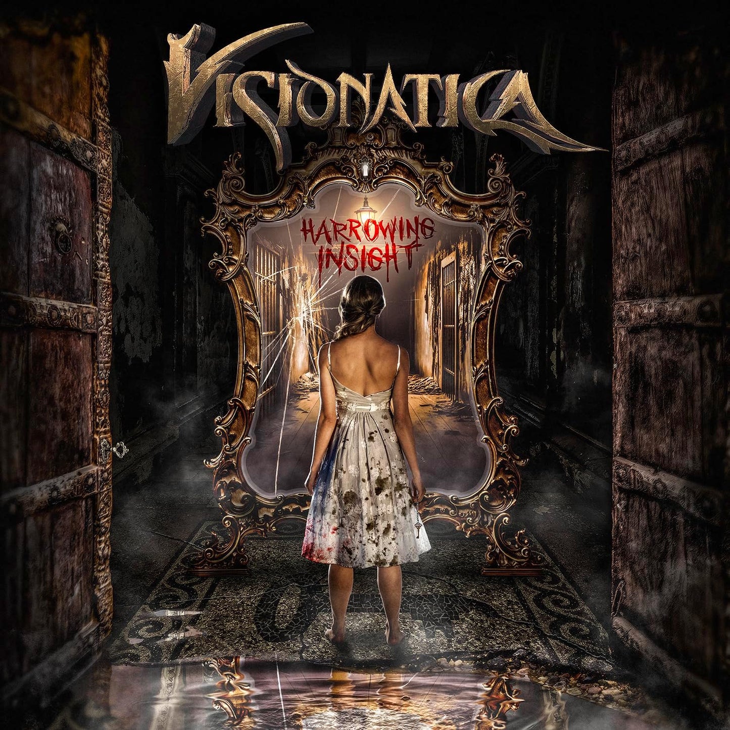 CD cover: woman in white facing a cracked, ornate mirror in a hallway.