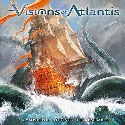 A sailing ship battles a sea monster in stormy, churning ocean waters.