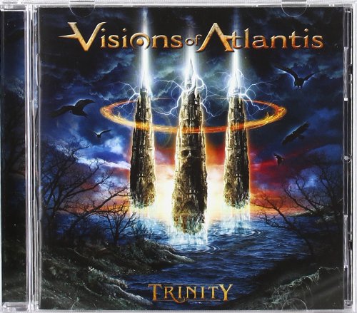 "CD album cover featuring three lit stone pillars surrounded by birds and stormy sky."
