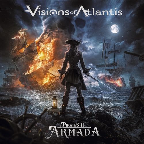 A pirate stands on a rocky shore overlooking burning ships at sea under moonlight.