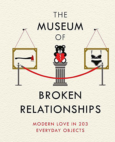 Book cover with axe, teddy bear, and lingerie in framed displays.