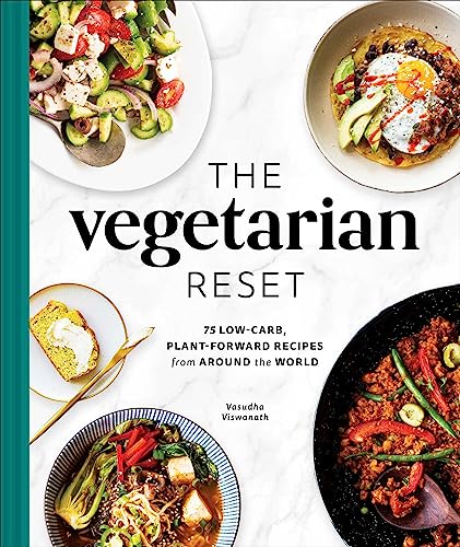 Cookbook cover featuring colorful vegetarian dishes and the title “The Vegetarian Reset.”
